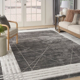 Charcoal Silver Abstract Bordered Chequered Easy To Clean Rug For Bedroom & Living Room-274Cm X 366Cm - thumbnail 2