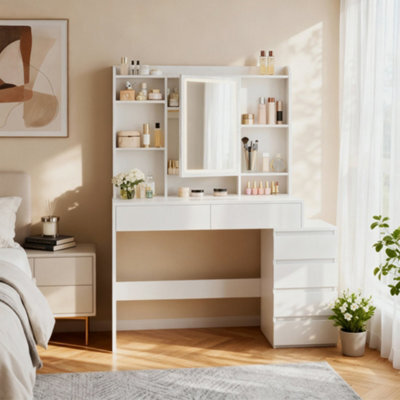 Ledrem Makeup Desk With Lighed Mirror, Dressing Table With Adjustable Shelves, 40 X 98.3 X 145 Cm, White - image 1
