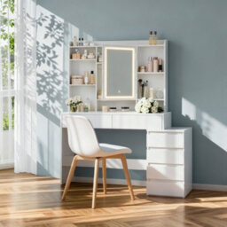 Ledrem Makeup Desk With Lighed Mirror, Dressing Table With Adjustable Shelves, 40 X 98.3 X 145 Cm, White - thumbnail 5
