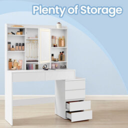 Ledrem Makeup Desk With Lighed Mirror, Dressing Table With Adjustable Shelves, 40 X 98.3 X 145 Cm, White - thumbnail 6
