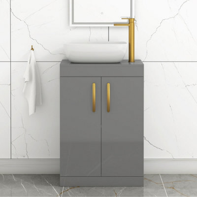 Royal Bathrooms 600mm Floor Standing Vanity Unit 2 Door Indigo Grey Gloss & Countertop Basin - Elva With Brushed Brass Handle - image 1
