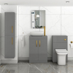 Royal Bathrooms 600mm Floor Standing Vanity Unit 2 Door Indigo Grey Gloss & Countertop Basin - Elva With Brushed Brass Handle - thumbnail 2
