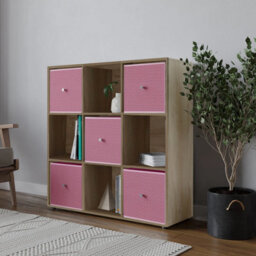 Urbn-Living 9 Cube Oak Wooden Bookcase Shelving Unit With 5 Collapsible Fabric Drawers Pastel Pink - thumbnail 3