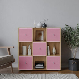 Urbn-Living 9 Cube Oak Wooden Bookcase Shelving Unit With 5 Collapsible Fabric Drawers Pastel Pink - thumbnail 2