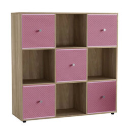 Urbn-Living 9 Cube Oak Wooden Bookcase Shelving Unit With 5 Collapsible Fabric Drawers Pastel Pink