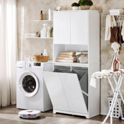 Sobuy Bzr150-W, Tall Bathroom Storage Cabinet With Laundry Basket Slim Freestanding Bathroom Unit,white,w70Xd37Xh170