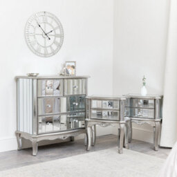 Melody Maison Bedroom Furniture, Silver Mirrored Chest Of Drawers & Pair Of Bedside Tables - Tiffany Range