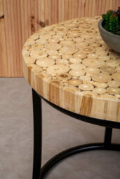 Orsina Round Teak Table With Black Iron Frame, Rustic Teak Inlaid Top And Minimalist Iron Base - thumbnail 2
