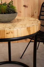 Orsina Round Teak Table With Black Iron Frame, Rustic Teak Inlaid Top And Minimalist Iron Base - thumbnail 4