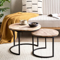 Wyld And Coco Nest Of 2 Round-Top Tables - Light Mango Wood, Black Iron Frame, Hairpin Legs, Round (L50 X D50 X H40Cm) - thumbnail 2