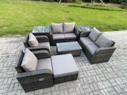 Fimous 7 Seater Rattan Garden Furniture Set Patio Outdoor Lounge Sofa Set With Rectangular Coffee Table Big Footstool - thumbnail 2