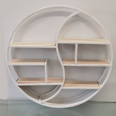 Biznest 60Cm White Round Wall Shelf Mount Storage Floating Hanging Display Rack Art Décor 8mm Metal Wood Bookshelf