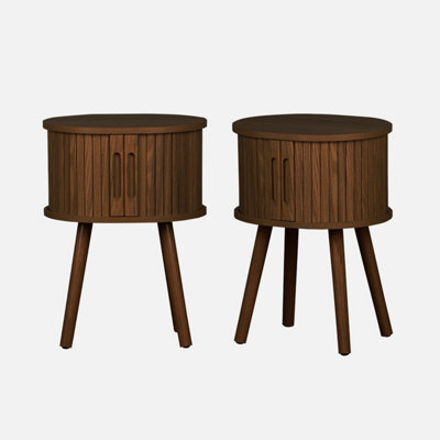 Sweeek - Set Of 2 Oval Bedside Tables With 2 Sliding Doors And Hollow Handles Grooved Wood Effect L40 X W34 X H54.8Cm - image 1