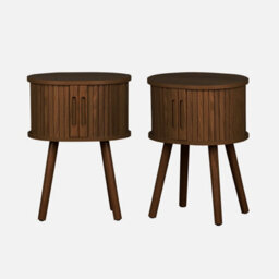 Sweeek - Set Of 2 Oval Bedside Tables With 2 Sliding Doors And Hollow Handles Grooved Wood Effect L40 X W34 X H54.8Cm - thumbnail 1