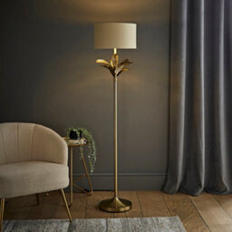 Valuelights Christina Beige With Metallic Gold Drum Shade Gold Palm Leaf Floor Lamp And Bulb