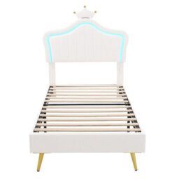 Modernluxe 3Ft Single Bed, 90X190 Cm, With Led Adjustable Crown Shape Headboard, Solid Wood Slat, Pu Leather, Cream White - thumbnail 9