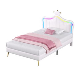 Modernluxe 3Ft Single Bed, 90X190 Cm, With Led Adjustable Crown Shape Headboard, Solid Wood Slat, Pu Leather, Cream White - thumbnail 8