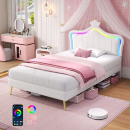 Modernluxe 3Ft Single Bed, 90X190 Cm, With Led Adjustable Crown Shape Headboard, Solid Wood Slat, Pu Leather, Cream White - thumbnail 1