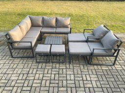 Fimous 11 Seater Outdoor Aluminium Garden Furniture Set Corner Lounge Sofa Set With Square Coffee Table - thumbnail 2