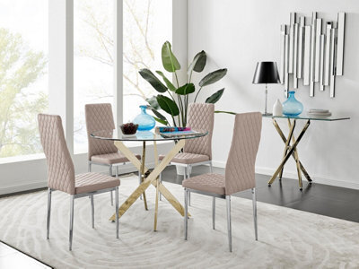 Furniturebox Uk Novara Gold Metal Round Glass Dining Table And 4 Cappuccino Beige Milan Dining Chairs - image 1