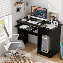 Costway Wooden Computer Desk With Pull-Out Keyboard Tray Black Office Desk - thumbnail 1
