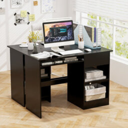 Costway Wooden Computer Desk With Pull-Out Keyboard Tray Black Office Desk - thumbnail 5