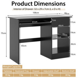 Costway Wooden Computer Desk With Pull-Out Keyboard Tray Black Office Desk - thumbnail 3