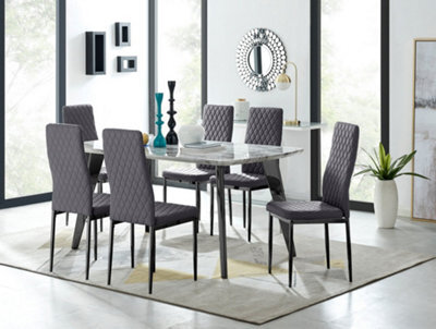 Furniturebox Andria Black Leg Marble Effect Dining Table And 6 Grey Velvet Milan Black Leg Chairs - image 1