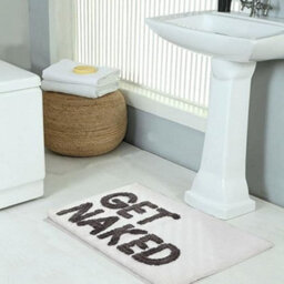 Biznest Get Naked Grey White Bath Mat Backing Water Absorbent Bathroom Rug Pop Up Get Naked Letters Super Soft Non Slip (White)