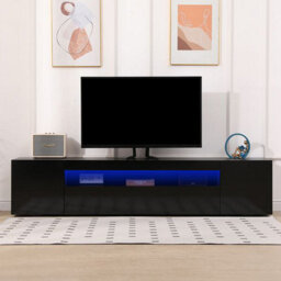 "MMT Funiture Designs Black 200Cm Black Tv Stand With Led Lights, Soundbar Shelf, Fits 90"" Tv, Modern Design" - thumbnail 4