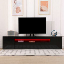 "MMT Funiture Designs Black 200Cm Black Tv Stand With Led Lights, Soundbar Shelf, Fits 90"" Tv, Modern Design" - thumbnail 3