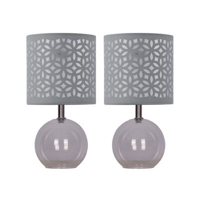 First Choice Lighting Set Of 2 Buck - Clear Glass Globe Table Lamps With Grey Cut Outshade - image 1