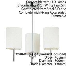 Semi Flush Ceiling Light Chrome & White Silk Shade Modern 3 Bulb Pendant Lamp - thumbnail 2