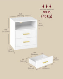 LEDREM Bedside Table With Charging Station, Led Lights, Modern Side End Table With Drawers, Open Shelf, Cloud White - thumbnail 6
