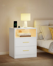 LEDREM Bedside Table With Charging Station, Led Lights, Modern Side End Table With Drawers, Open Shelf, Cloud White