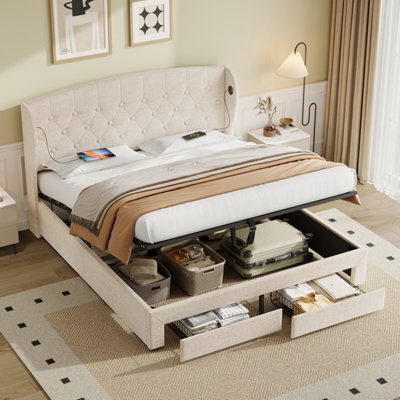 Abrihome Double Upholstered Storage Bed With Hydraulic Lift & Drawers - Wingback Button Tufted Headboard With Usb/type-C Charging Station - image 1