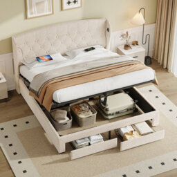 Abrihome Double Upholstered Storage Bed With Hydraulic Lift & Drawers - Wingback Button Tufted Headboard With Usb/type-C Charging Station - thumbnail 3