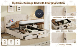 Abrihome Double Upholstered Storage Bed With Hydraulic Lift & Drawers - Wingback Button Tufted Headboard With Usb/type-C Charging Station - thumbnail 8