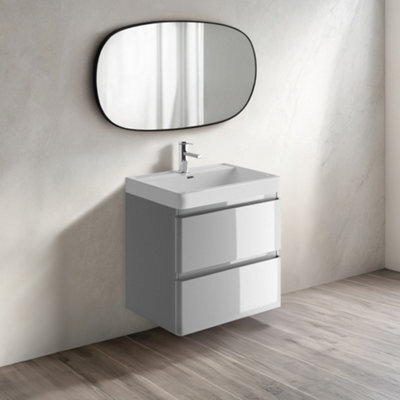 Plum&clay Marvel Wall Hung Bathroom Vanity Unit In Light Grey Gloss With Ceramic Basin (W)600mm - image 1