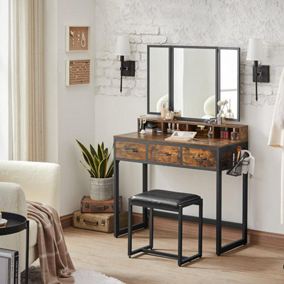 Songmics Vasagle Dressing Table With Mirror And Stool, Vanity Table With Tri-Fold Mirror, 3 Drawers, Makeup Desk, Rustic Brown And Black - image 1