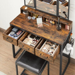 Songmics Vasagle Dressing Table With Mirror And Stool, Vanity Table With Tri-Fold Mirror, 3 Drawers, Makeup Desk, Rustic Brown And Black - thumbnail 5