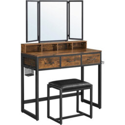 Songmics Vasagle Dressing Table With Mirror And Stool, Vanity Table With Tri-Fold Mirror, 3 Drawers, Makeup Desk, Rustic Brown And Black - thumbnail 8