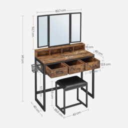 Songmics Vasagle Dressing Table With Mirror And Stool, Vanity Table With Tri-Fold Mirror, 3 Drawers, Makeup Desk, Rustic Brown And Black - thumbnail 2