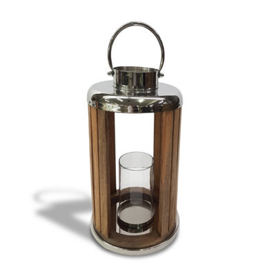 Rustic Mango Wood Stainless Steel Lantern Glass Hurricane Candle Holder 48Cm - image 1