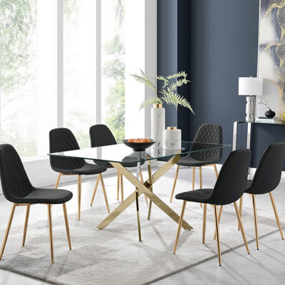 Furniturebox Uk Leonardo 6 Gold Dining Table And 6 Black Corona Gold Leg Chairs - image 1