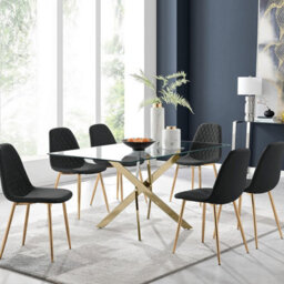 Furniturebox Uk Leonardo 6 Gold Dining Table And 6 Black Corona Gold Leg Chairs