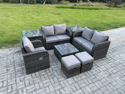 Fimous Pe Rattan Garden Furniture Sets Outdoor Love Sofa Chair Set Square Coffee Table 2 Side Tables 2 Small Footstools - image 1