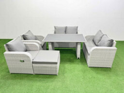 Fimous 6 Pieces Outdoor Pe Rattan Sofa Reclining Chair Set Patio Garden Furniture Sets With Cushions Big Stool Light Grey - thumbnail 1