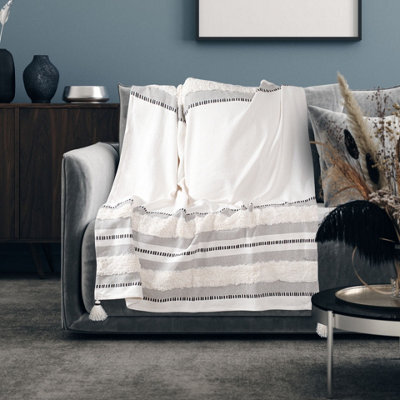 Nevni Soft Cotton Striped Tufted Double Throw For Sofa, Couch, Bed - 150 X 200 Cm, Grey - image 1