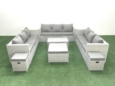 Fimous Rattan Garden Outdoor Furniture Set 12 Seater Garden Sofa Coffee Table Set 3 Stools Light Grey - image 1